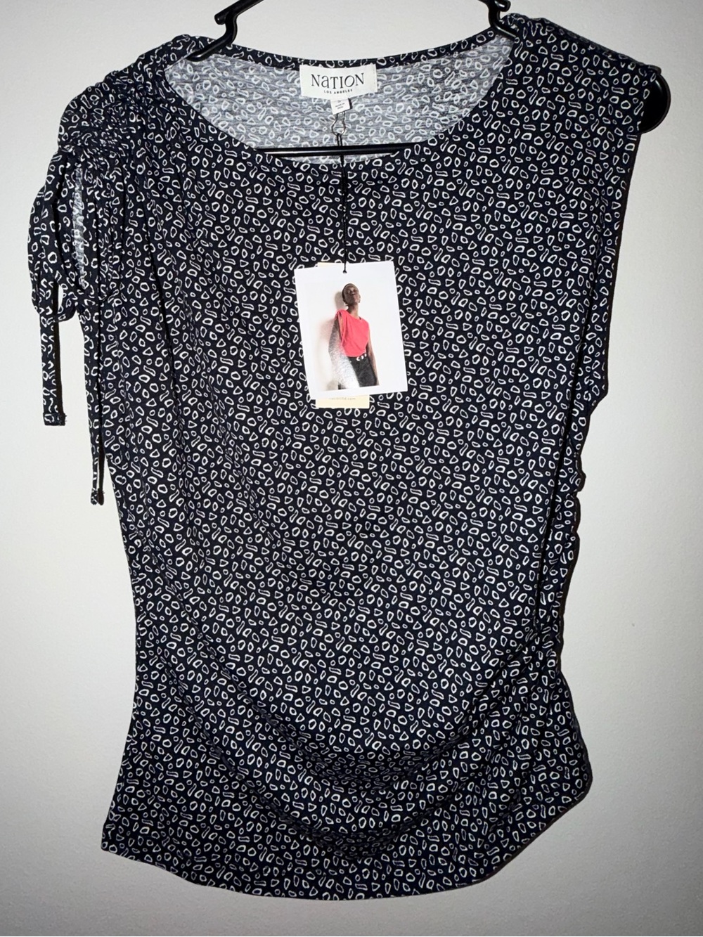 NATION Los Angeles Navy White Pima Cotton Ruched Asymmetrical Top NWT Size S